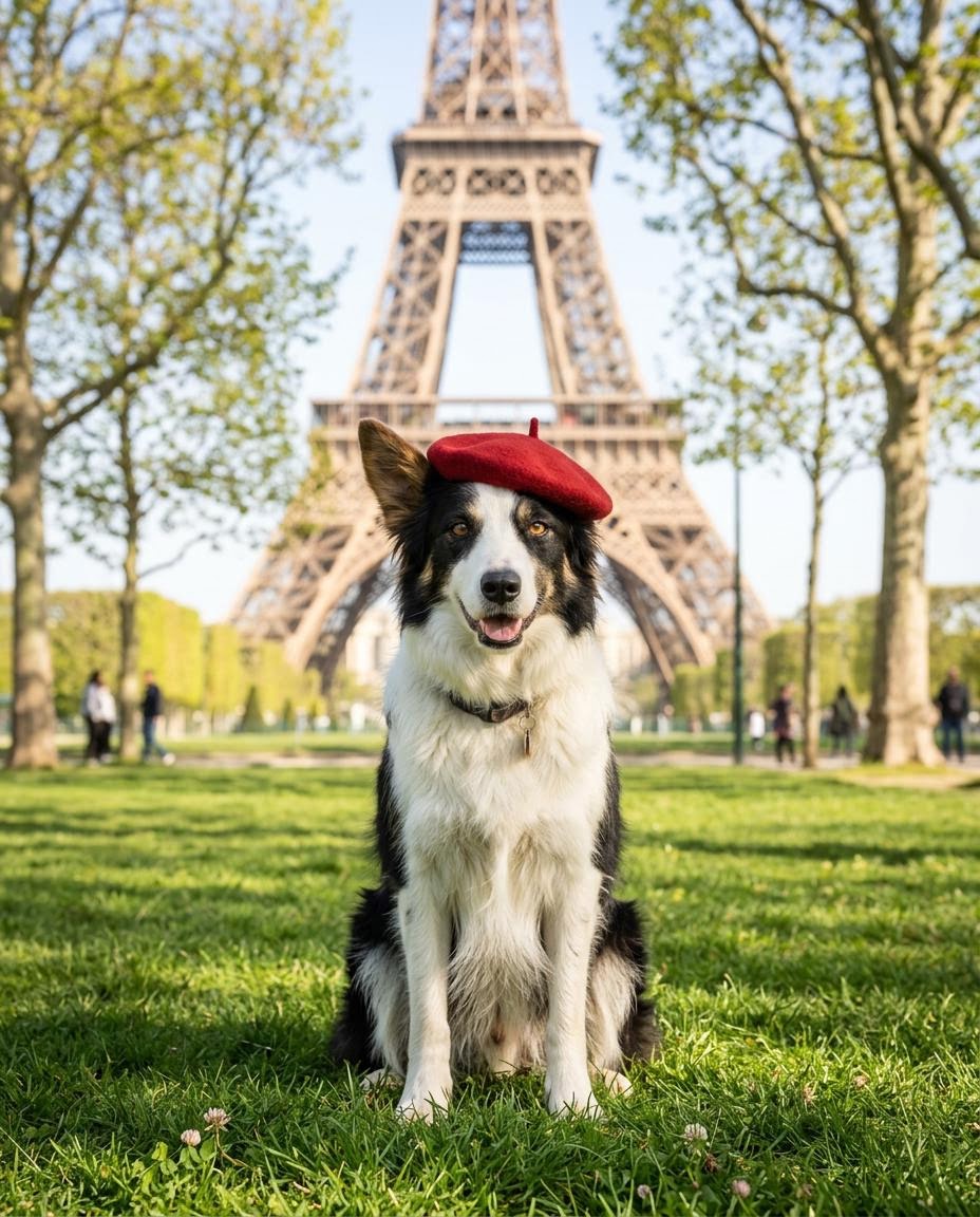 Place the dog from the first image in front of the Eiffel Tower on a sunny spring morning, sitting on the grass of the Champ de Mars and wearing a small red be…
