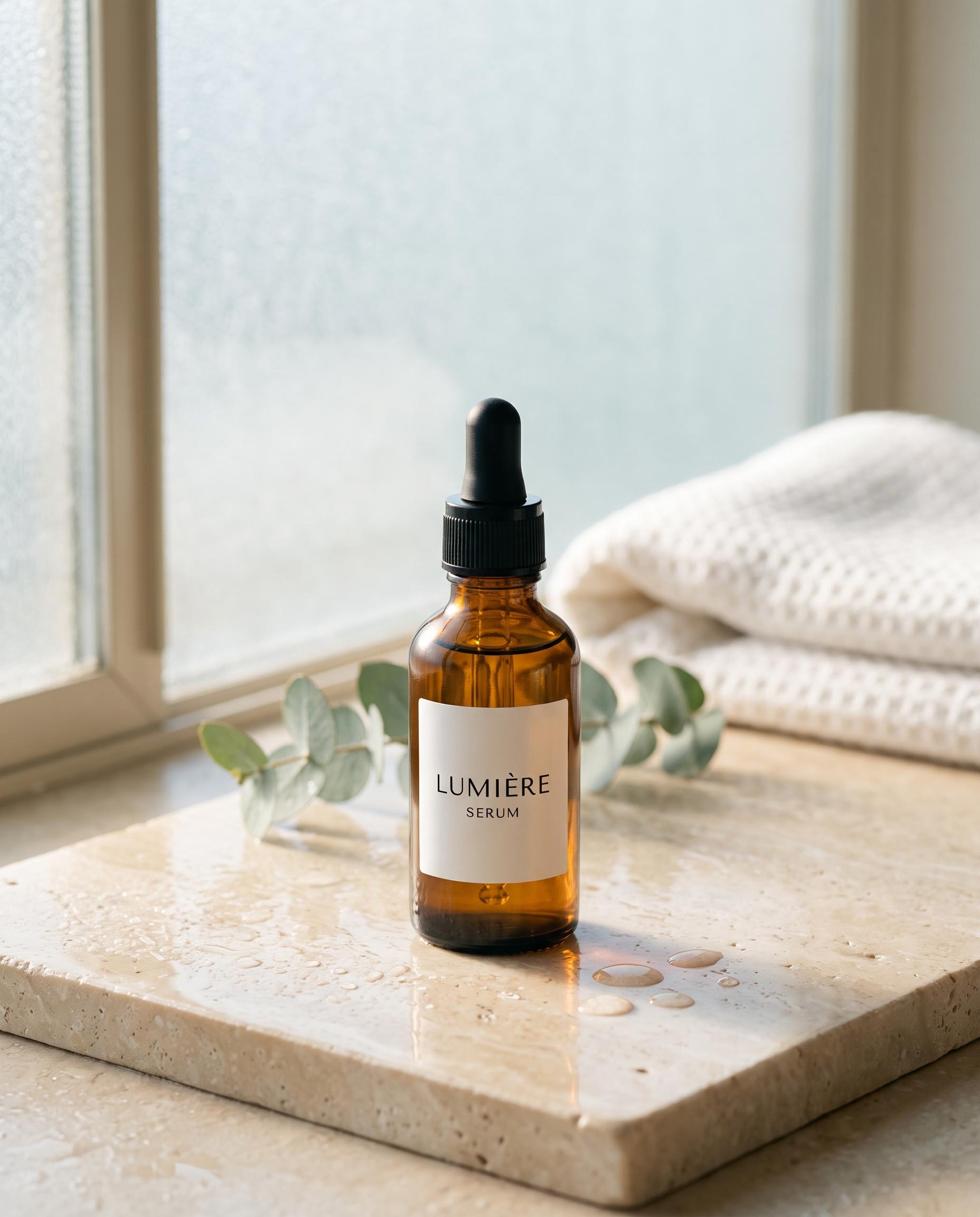 Place the serum bottle from the first image on a wet slab of pale travertine stone beside a bathroom window in early morning. Soft diffused daylight from the l…