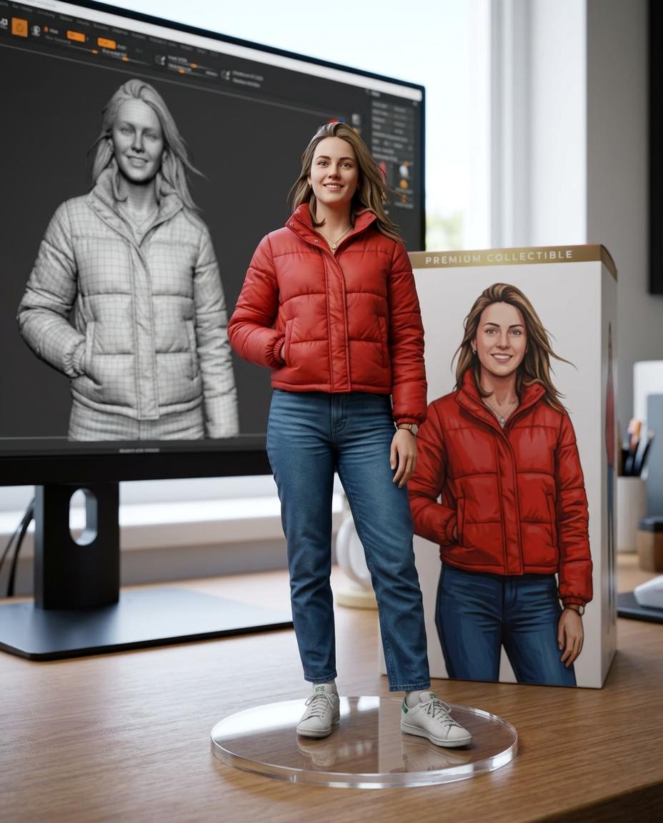 Create a 1/7 scale commercial figurine of the woman in the first image, in a realistic style, standing on a round clear acrylic base with no text, placed on a…