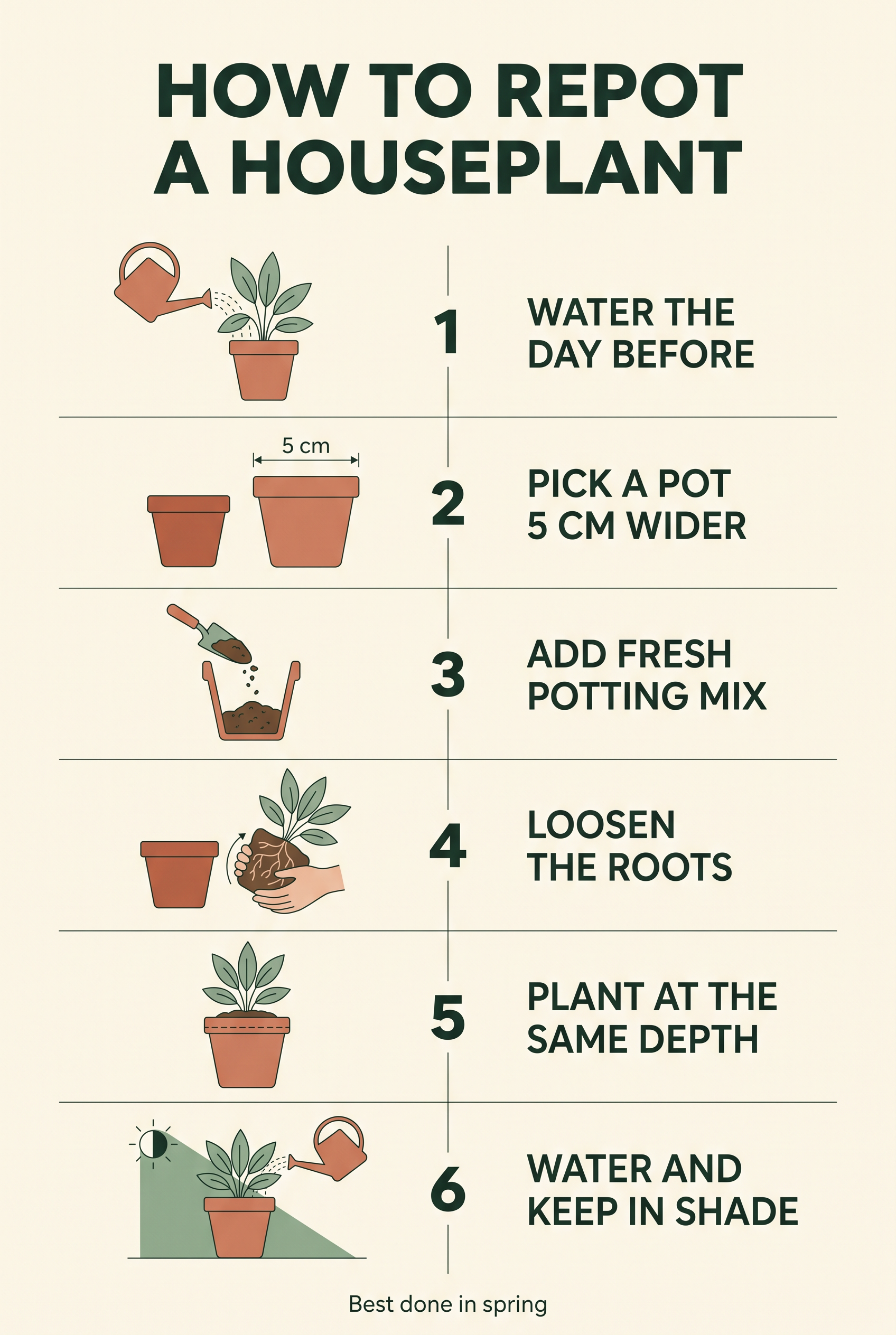 A clean vertical infographic titled "HOW TO REPOT A HOUSEPLANT" in bold dark-green sans-serif at the top. Six numbered steps in a single column, each with a si…