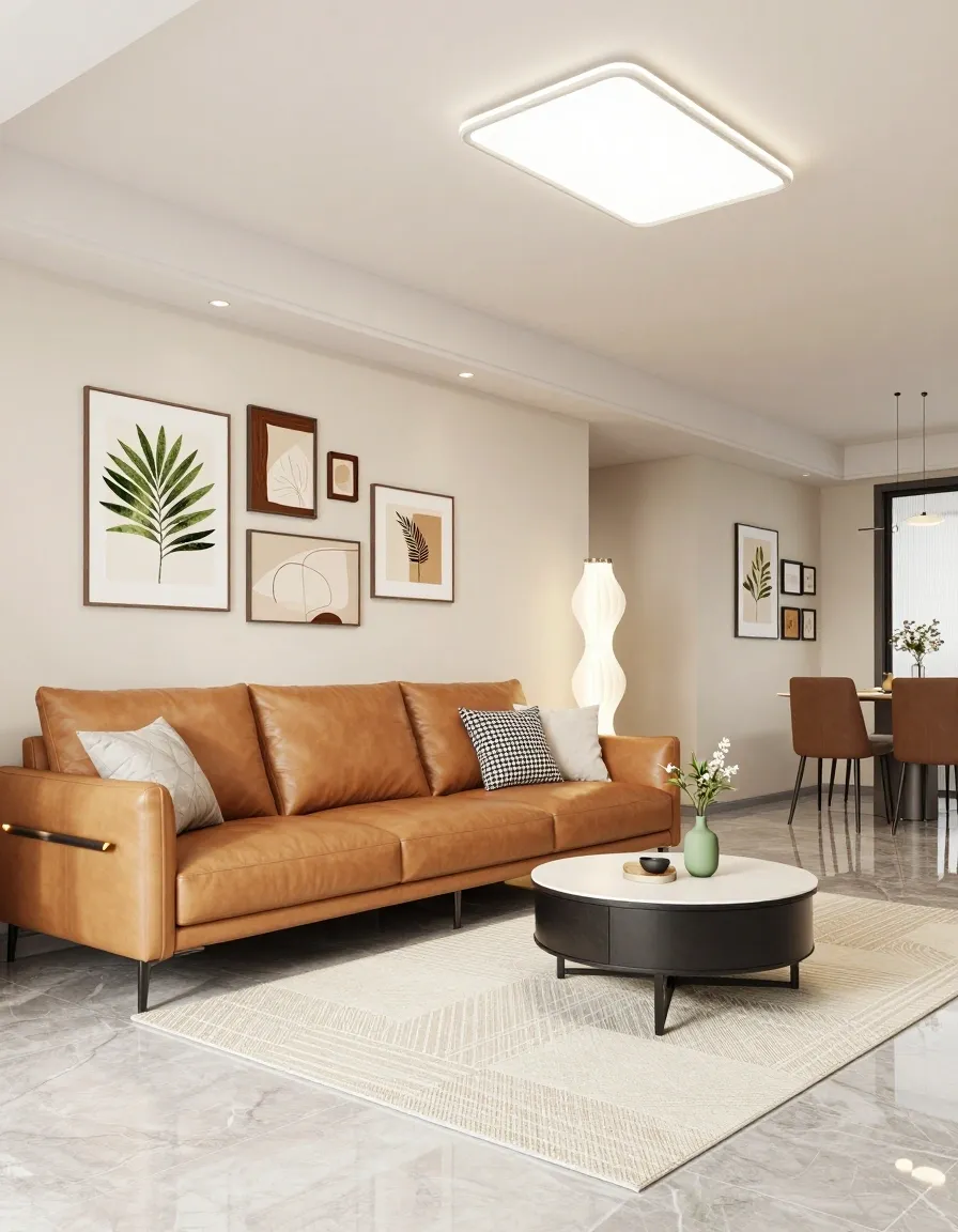 Photorealistic vertical interior shot of a modern, minimalist living room: warm tan leather sofa with mixed throw pillows, round black-and-white coffee table o…