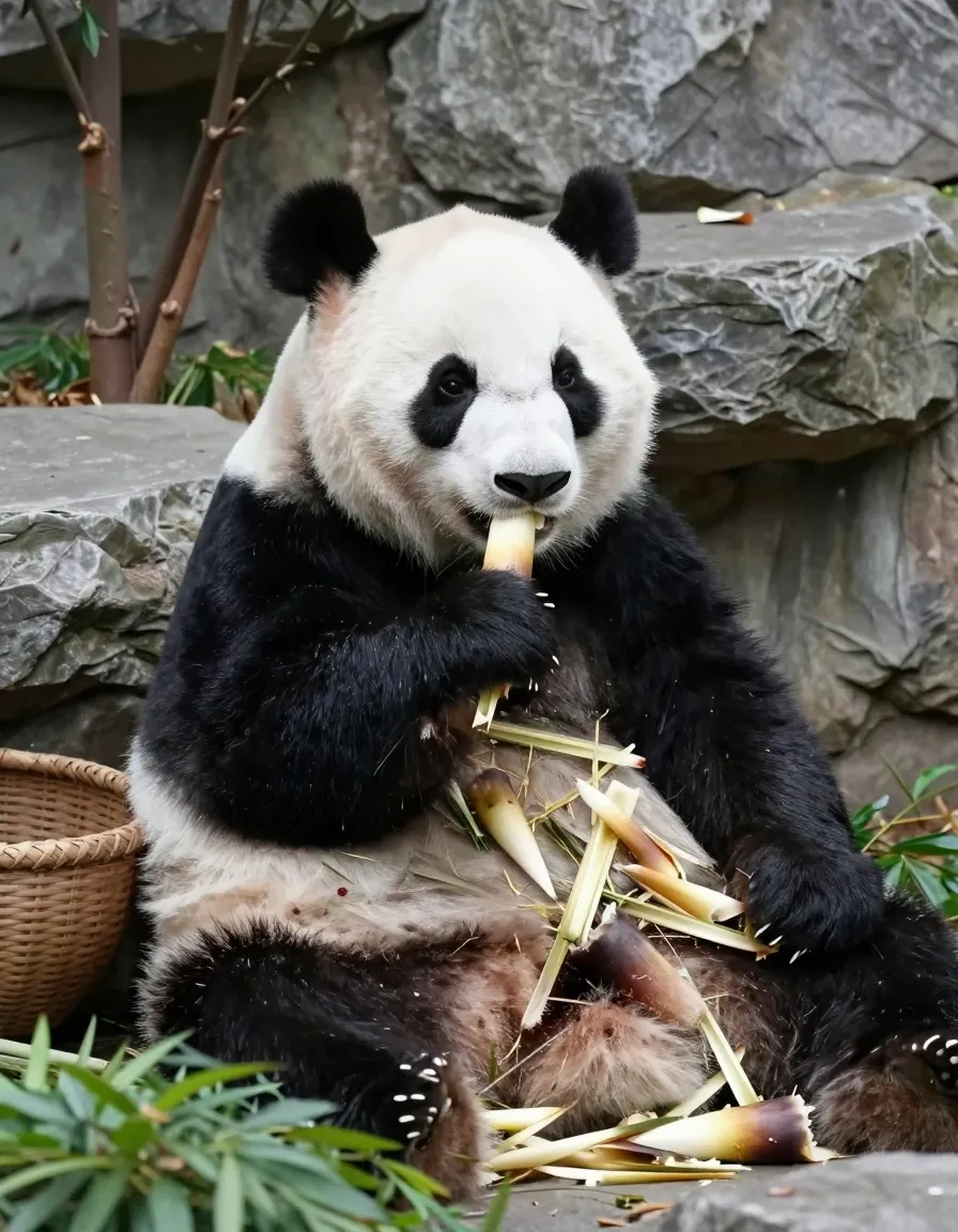 Photorealistic portrait of a giant panda sitting and chewing bamboo shoots, surrounded by a scattered pile of peeled bamboo and a woven basket, nestled against…
