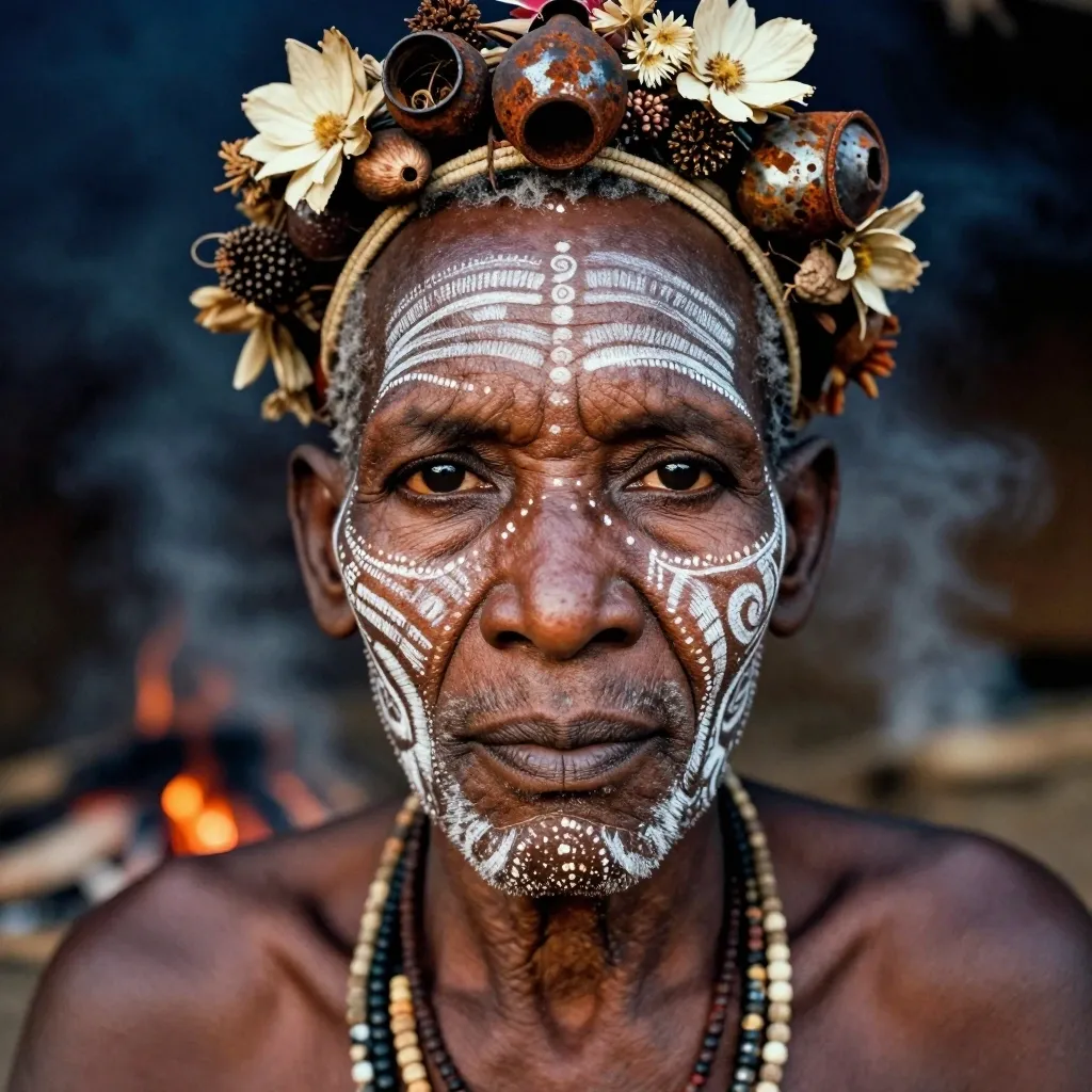A hyper-realistic, close-up portrait of a tribal elder from the Omo Valley, painted with intricate white chalk patterns and adorned with a headdress made of dr…
