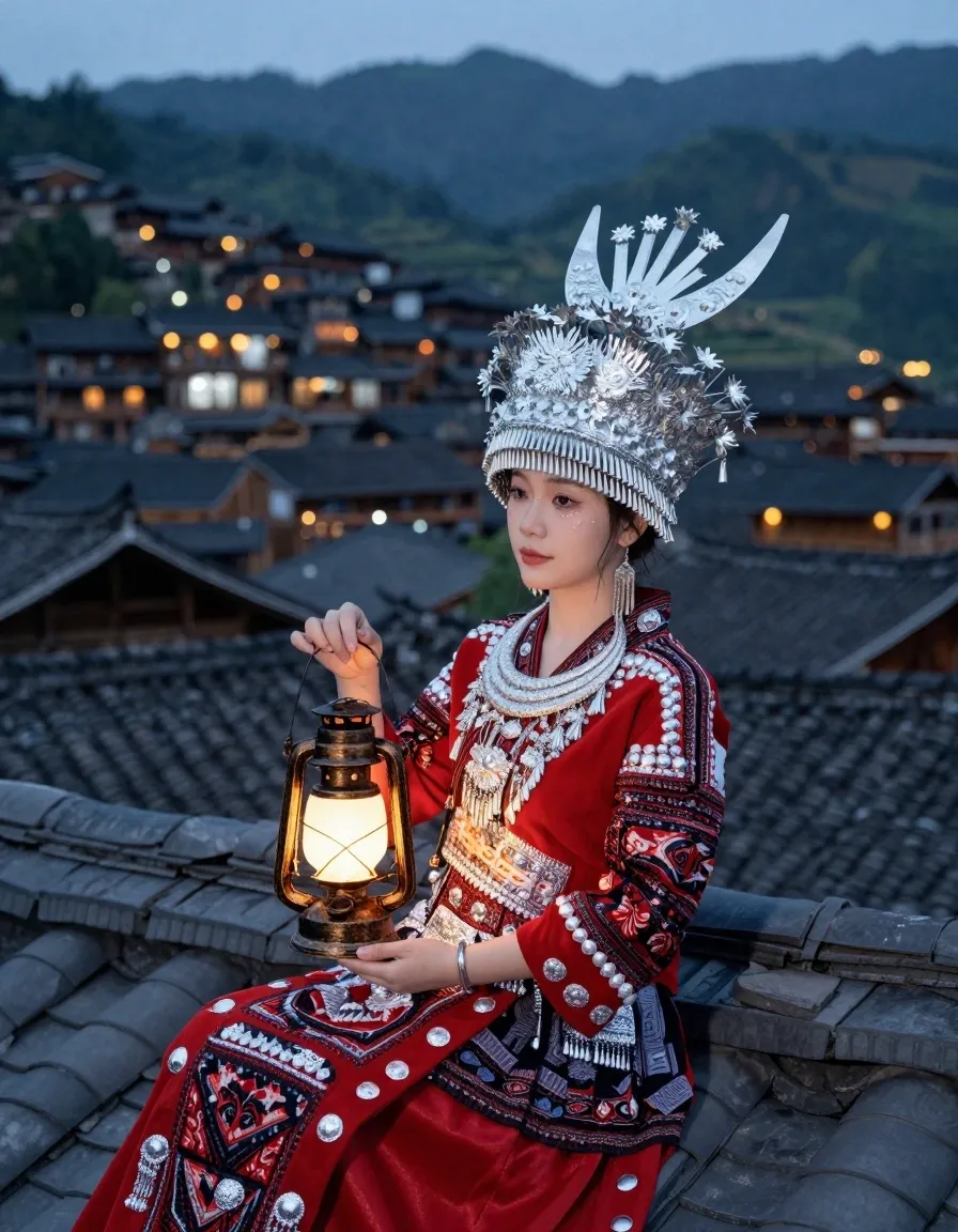 Photorealistic portrait of a young woman in a traditional silver headdress (Miao-inspired) and ornate red embroidered dress, sitting on a grey tiled rooftop at…