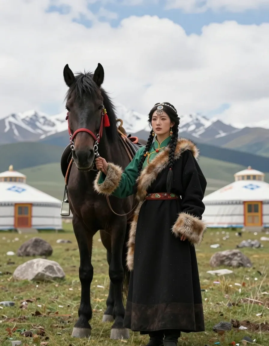 Photorealistic vertical portrait of an American woman in traditional fur-trimmed black robe and ornate headpiece holding the lead of a large black horse with a…