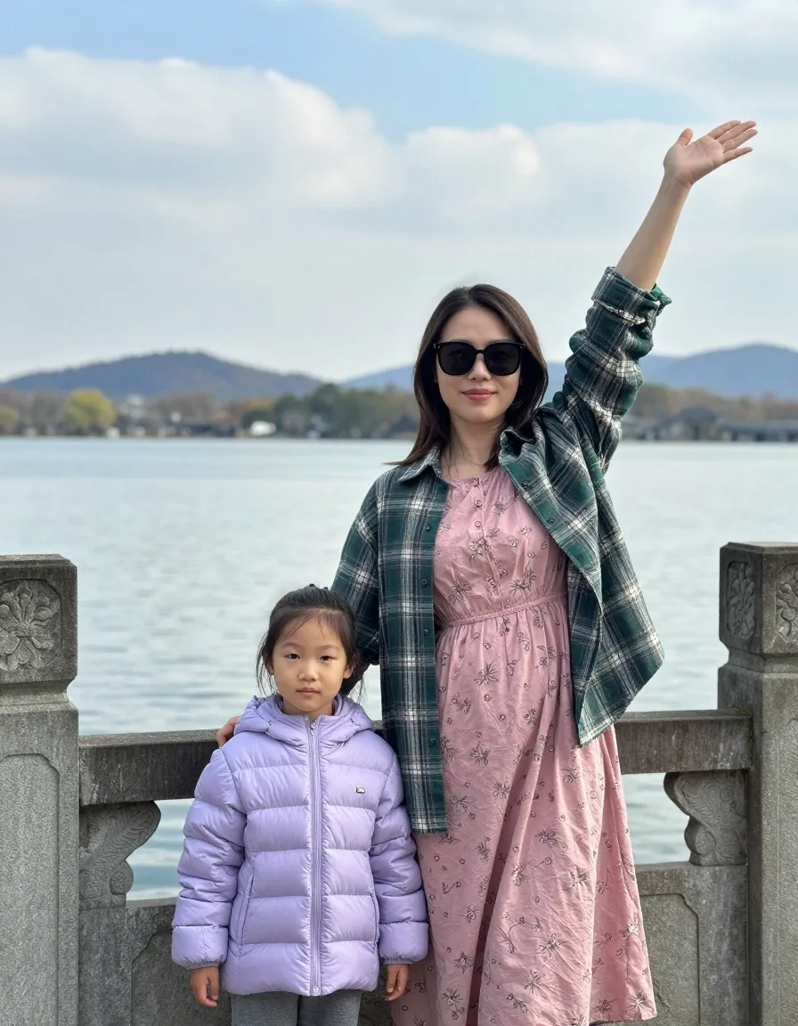 Photorealistic vertical portrait of a woman and young girl standing at a carved stone lakeside balustrade: the woman wearing sunglasses, a green plaid overshir…