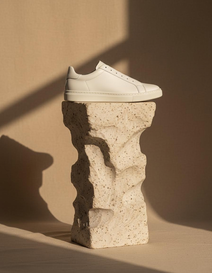 White leather sneaker on a stone plinth