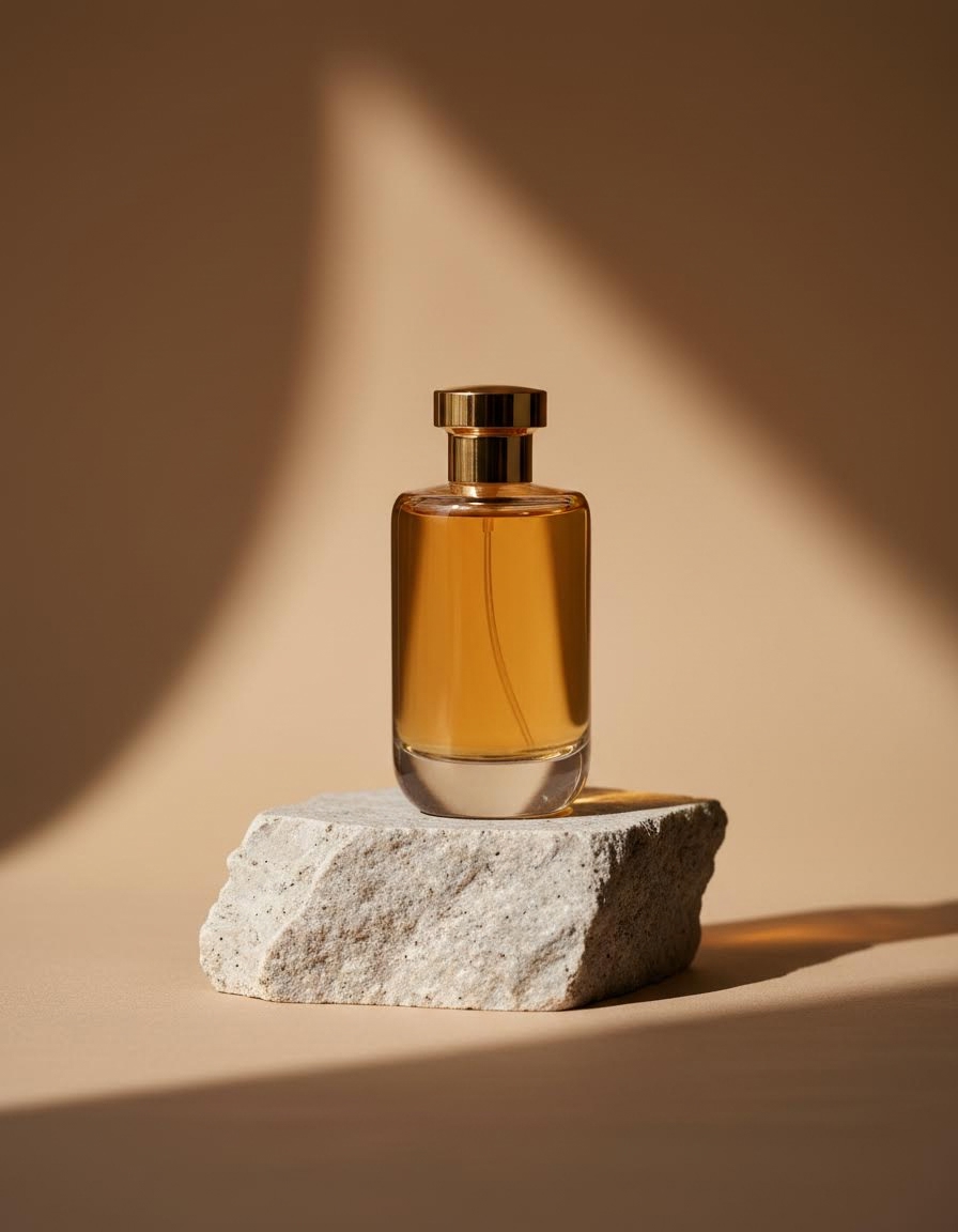 Amber glass perfume bottle on a stone plinth
